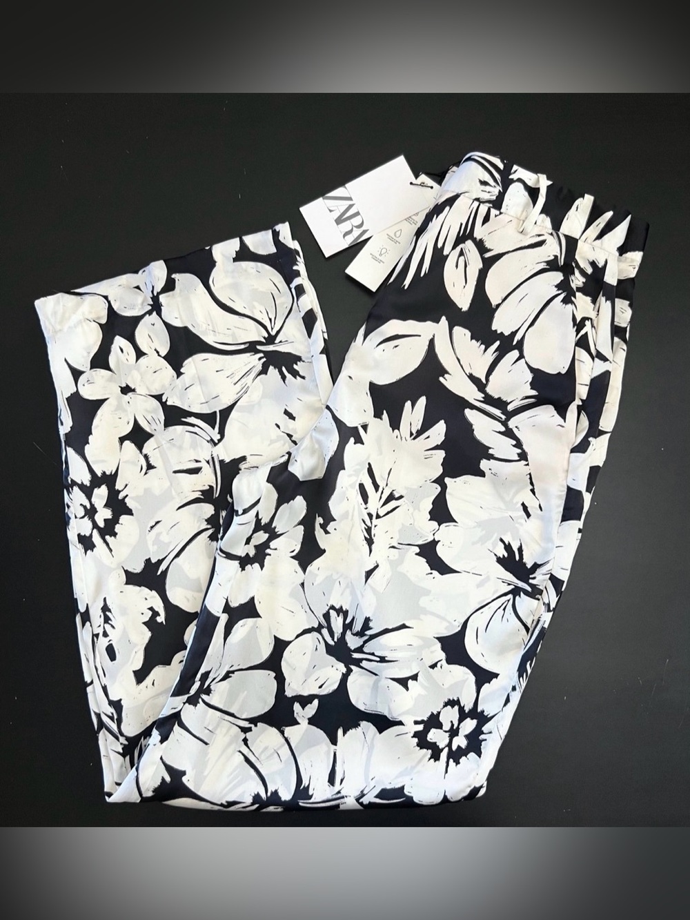 Zara Black and White Floral Wide-Leg Pants